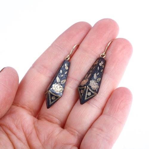 1144 - A pair of Victorian gold and silver pique inlaid tortoiseshell drop earrings, circa 1870, the half t... 