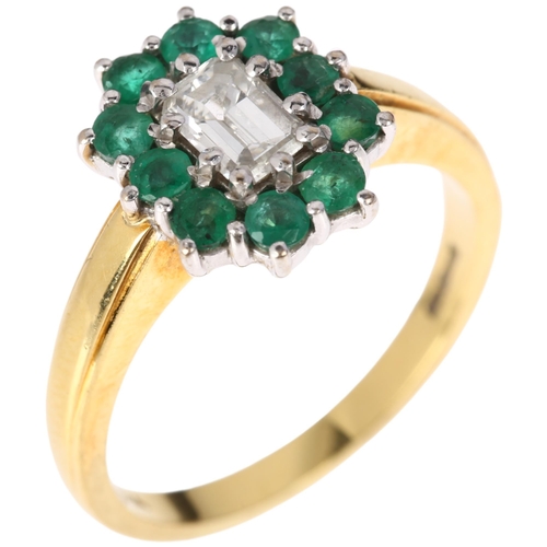 1147 - An 18ct gold diamond and emerald cluster ring, claw set with 0.48ct emerald-cut diamond and round-cu... 