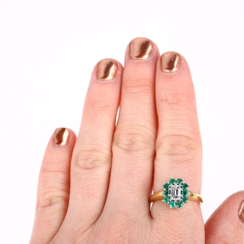 1147 - An 18ct gold diamond and emerald cluster ring, claw set with 0.48ct emerald-cut diamond and round-cu... 