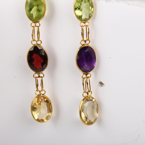 1150 - A pair of 14ct gold gem set drop earrings, rub-over set with oval mixed-cut gemstones, including per... 