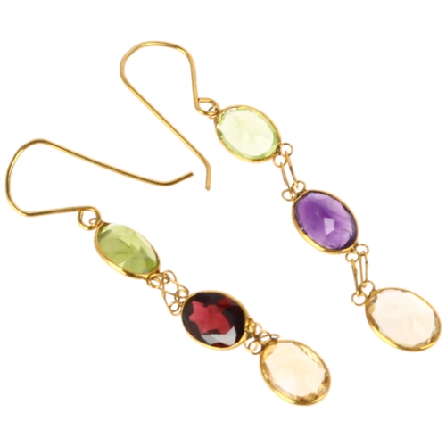 1150 - A pair of 14ct gold gem set drop earrings, rub-over set with oval mixed-cut gemstones, including per... 