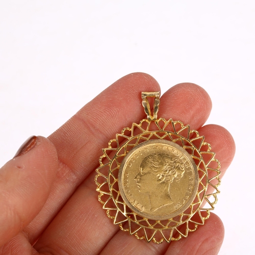 1153 - A Queen Victoria 1884 gold full sovereign coin, in 9ct pierced pendant mount, 44.3mm, 11.6g