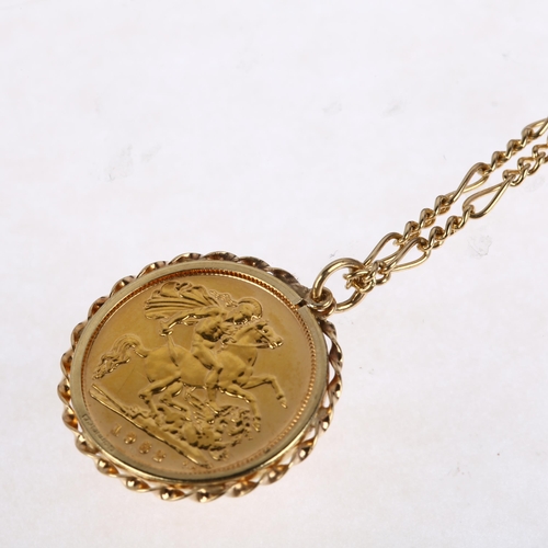 1154 - An Elizabeth II 1982 gold half sovereign coin, in 9ct pendant mount with 9ct figaro link chain neckl... 