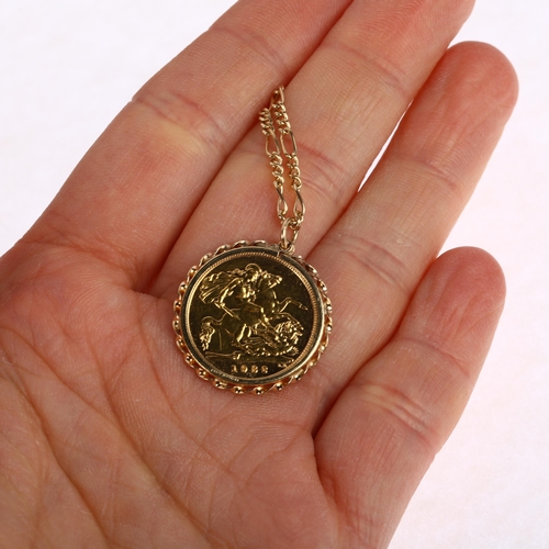 1154 - An Elizabeth II 1982 gold half sovereign coin, in 9ct pendant mount with 9ct figaro link chain neckl... 