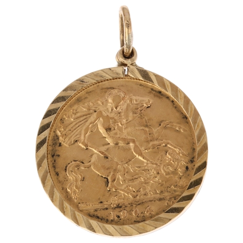 1155 - An Edward VII 1904 gold half sovereign coin, in 9ct pendant mount, diameter 20.7mm, 5g