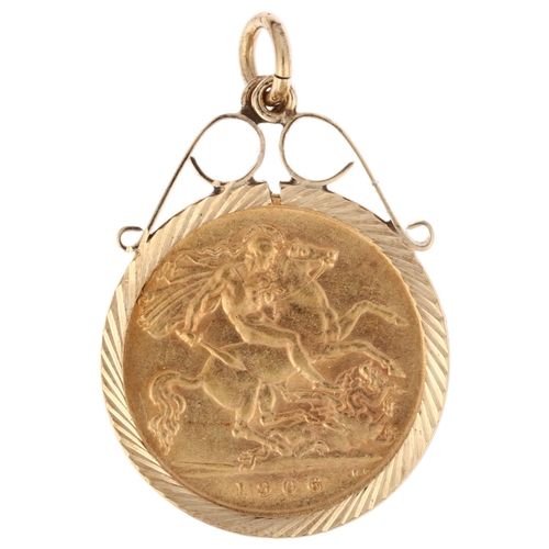 1157 - An Edward VII 1906 gold half sovereign coin, in 9ct gold pendant mount, 30.5mm, 5.2g