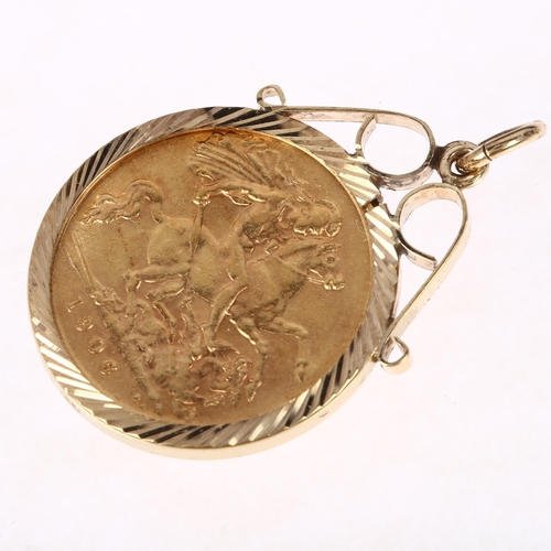 1157 - An Edward VII 1906 gold half sovereign coin, in 9ct gold pendant mount, 30.5mm, 5.2g