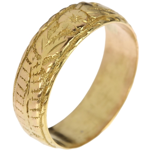 1160 - A 19th century 18ct gold wedding band ring, maker EDW, Birmingham 1888, chased and engraved floral a... 