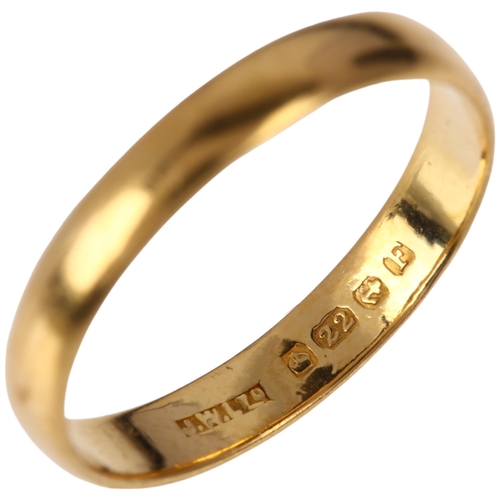 1163 - An early 20th century 22ct gold wedding band ring, maker JW Ltd, Birmingham 1930, band width 3.1mm, ... 