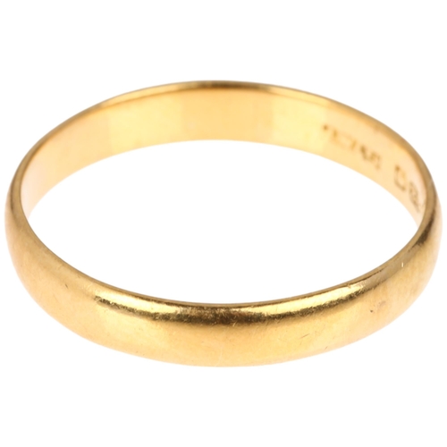 1163 - An early 20th century 22ct gold wedding band ring, maker JW Ltd, Birmingham 1930, band width 3.1mm, ... 