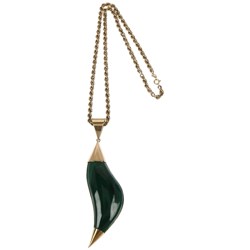 1170 - A large late 20th century 9ct gold malachite pendant necklace, maker BMG, London 1986, on 9ct rope t... 