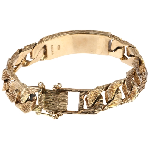 1171 - A heavy late 20th century 9ct gold identity bracelet, maker DJ, London 1973, uninscribed curved cent... 