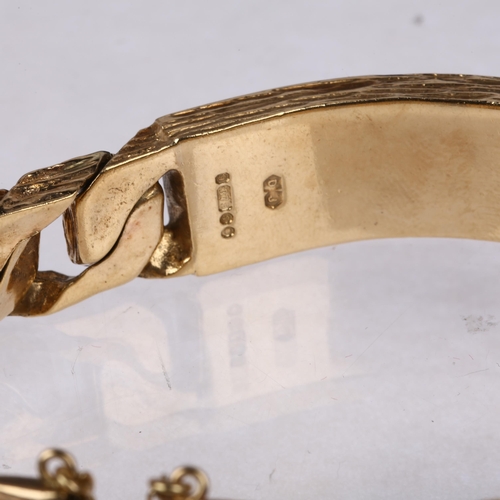 1171 - A heavy late 20th century 9ct gold identity bracelet, maker DJ, London 1973, uninscribed curved cent... 