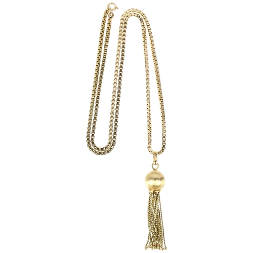 1172 - A late 20th century 9ct gold tassel pendant necklace, London 1979, on heavy 9ct box link chain, pend... 