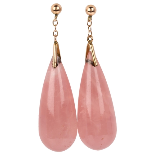 1173 - A pair of rose quartz drop earrings, each set with polished teardrop rose quartz with unmarked rose ... 