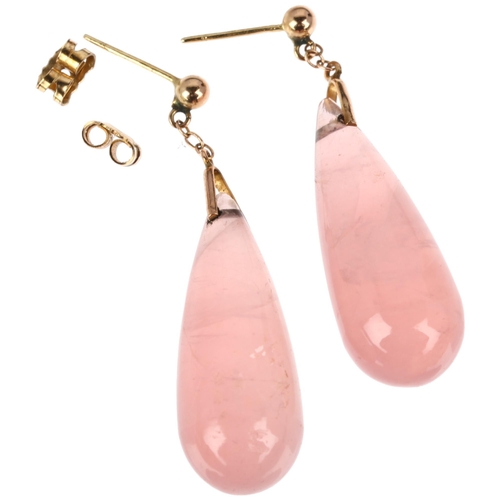 1173 - A pair of rose quartz drop earrings, each set with polished teardrop rose quartz with unmarked rose ... 