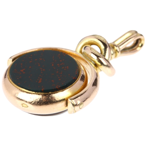 1176 - A Victorian rolled gold hardstone spinner swivel fob, set with sardonyx and bloodstone, hardstone di... 