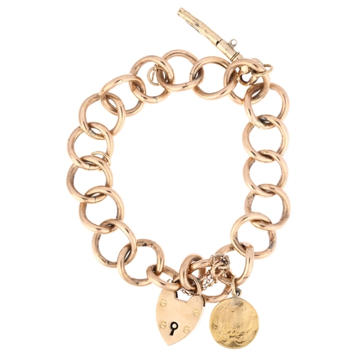 1180 - A 9ct rose gold hollow curb link charm bracelet, with later 9ct heart padlock clasp, gold 1854 USA c... 