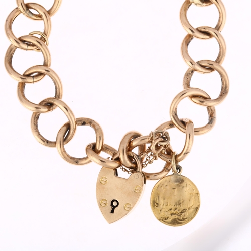 1180 - A 9ct rose gold hollow curb link charm bracelet, with later 9ct heart padlock clasp, gold 1854 USA c... 