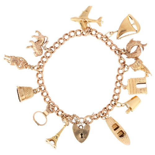 1181 - A 9ct rose gold curb link charm bracelet, with 12 various gold charms, including 18ct and 9ct, 16cm,... 