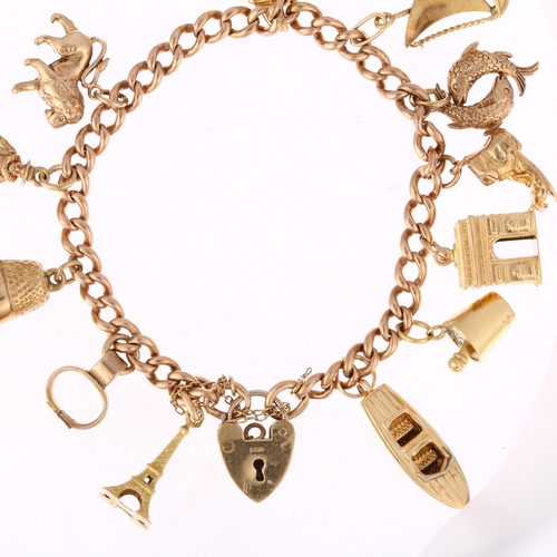 1181 - A 9ct rose gold curb link charm bracelet, with 12 various gold charms, including 18ct and 9ct, 16cm,... 