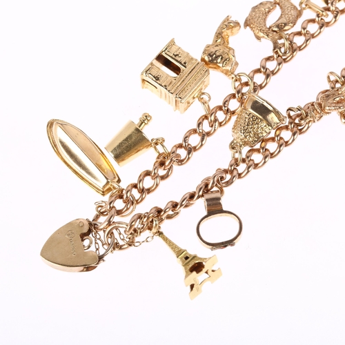 1181 - A 9ct rose gold curb link charm bracelet, with 12 various gold charms, including 18ct and 9ct, 16cm,... 