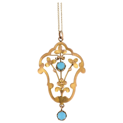 1183 - An Edwardian 9ct rose gold turquoise floral openwork pendant necklace, on later 9ct fine curb link c... 