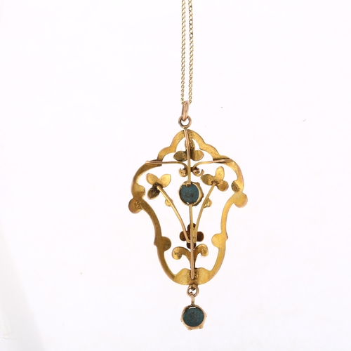 1183 - An Edwardian 9ct rose gold turquoise floral openwork pendant necklace, on later 9ct fine curb link c... 