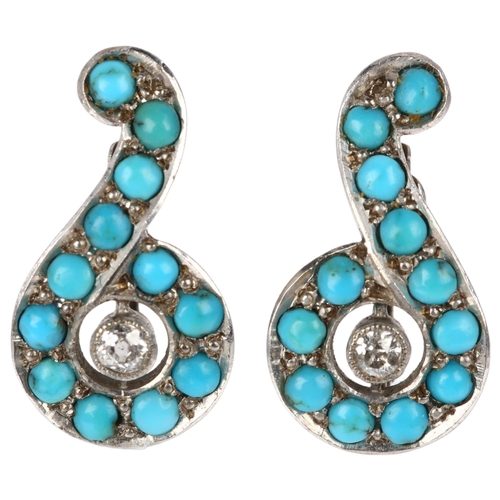 1184 - A pair of turquoise and diamond spiral clip-on earrings, rub-over set 0.1ct old-cut diamonds and rou... 