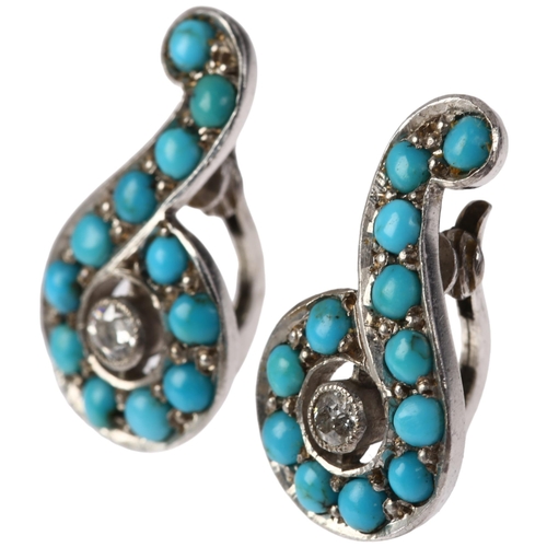 1184 - A pair of turquoise and diamond spiral clip-on earrings, rub-over set 0.1ct old-cut diamonds and rou... 