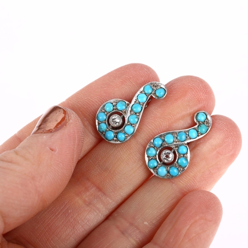 1184 - A pair of turquoise and diamond spiral clip-on earrings, rub-over set 0.1ct old-cut diamonds and rou... 