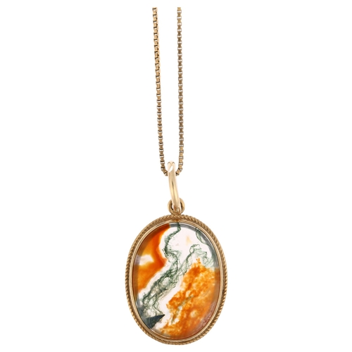 1187 - A late 20th century 9ct gold moss agate drop pendant necklace, maker FKB Ltd, Birmingham 1970, rub-o... 