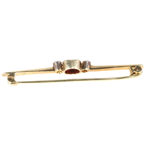 1190 - A 14ct gold three stone synthetic ruby and diamond bar brooch, rub-over set with 0.6ct oval mixed-cu... 