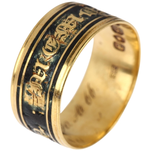 1191 - A 19th century 18ct gold black enamel 'in memory of' mourning band ring, maker SG, London 1819?, ins... 