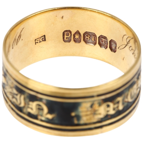 1191 - A 19th century 18ct gold black enamel 'in memory of' mourning band ring, maker SG, London 1819?, ins... 