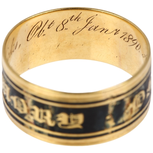 1191 - A 19th century 18ct gold black enamel 'in memory of' mourning band ring, maker SG, London 1819?, ins... 