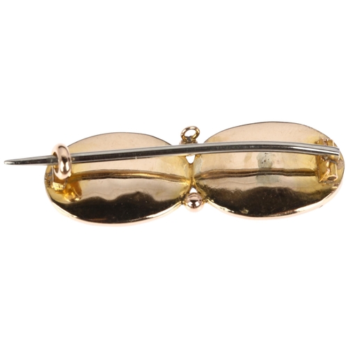 1195 - A 19th century two stone banded agate brooch, unmarked gold closed-back settings with oval cabochon ... 