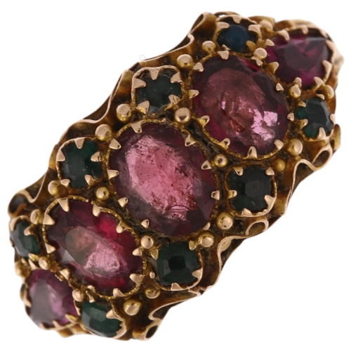 1197 - A 19th century 15ct gold garnet and green paste half hoop ring, Birmingham 1871, with scrollwork eng... 