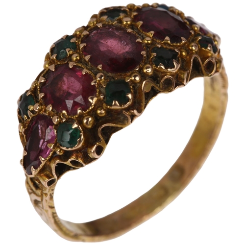 1197 - A 19th century 15ct gold garnet and green paste half hoop ring, Birmingham 1871, with scrollwork eng... 