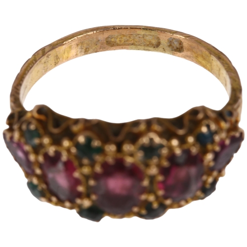 1197 - A 19th century 15ct gold garnet and green paste half hoop ring, Birmingham 1871, with scrollwork eng... 