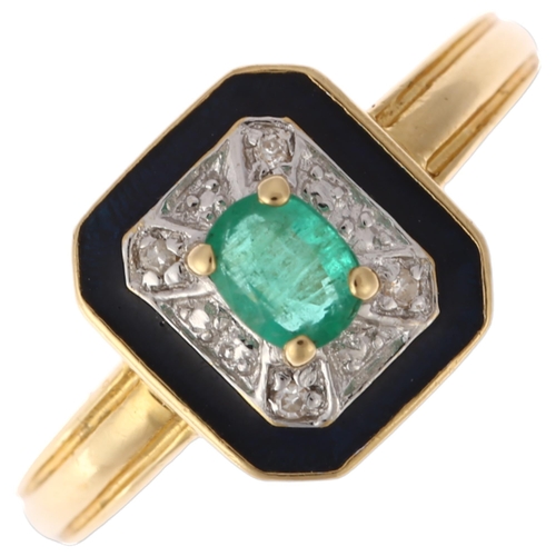 1198 - A late 20th century 18ct gold emerald diamond and blue enamel cluster panel ring, maker PJ, import S... 