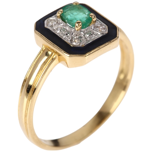 1198 - A late 20th century 18ct gold emerald diamond and blue enamel cluster panel ring, maker PJ, import S... 