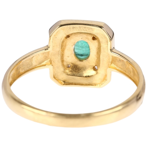 1198 - A late 20th century 18ct gold emerald diamond and blue enamel cluster panel ring, maker PJ, import S... 