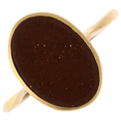 1200 - An Antique 18ct gold goldstone signet ring, indistinct hallmarks, setting height 14.2mm, size O, 3.2... 