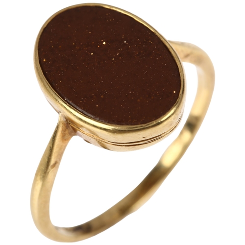 1200 - An Antique 18ct gold goldstone signet ring, indistinct hallmarks, setting height 14.2mm, size O, 3.2... 