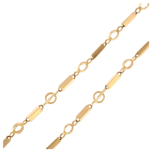 1202 - A modern fancy bar link chain necklace, unmarked yellow metal settings test as 18ct gold, length 66c... 