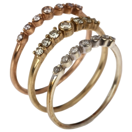 1203 - A set of 3 x 9ct three-colour gold diamond stacking rings, Birmingham 2022, set with modern round br... 