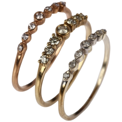 1203 - A set of 3 x 9ct three-colour gold diamond stacking rings, Birmingham 2022, set with modern round br... 