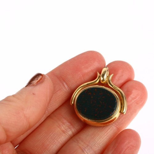 1205 - A 19th century 18ct gold bloodstone and carnelian spinner swivel fob, maker B&B?, Birmingham 1886, h... 