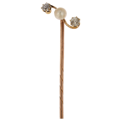 1209 - An Edwardian three stone pearl and diamond stickpin, claw set with old European-cut diamonds, total ... 